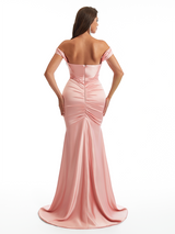 Sexy Off The Shoulder Ruched Mermaid Soft Satin Long Formal Dresses Online