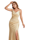 Elegant Silky Satin V-Neck Spaghetti Straps Mermaid Side Slit Long Bridesmaid Dresses Online
