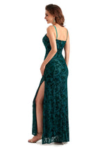 Sexy Side Slit Spaghetti Straps Floral Burnout Velvet Long Formal Wedding Guest Dresses