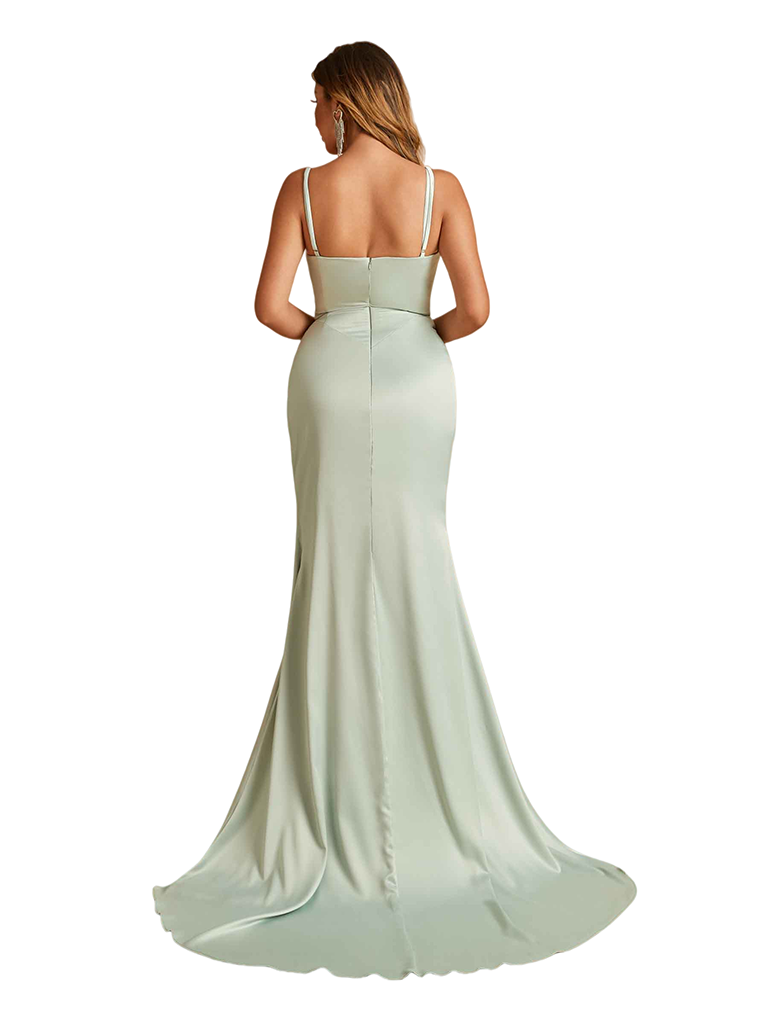 Elegant Spaghetti Straps Mermaid Ruched Satin Long Bridesmaid Dresses Online