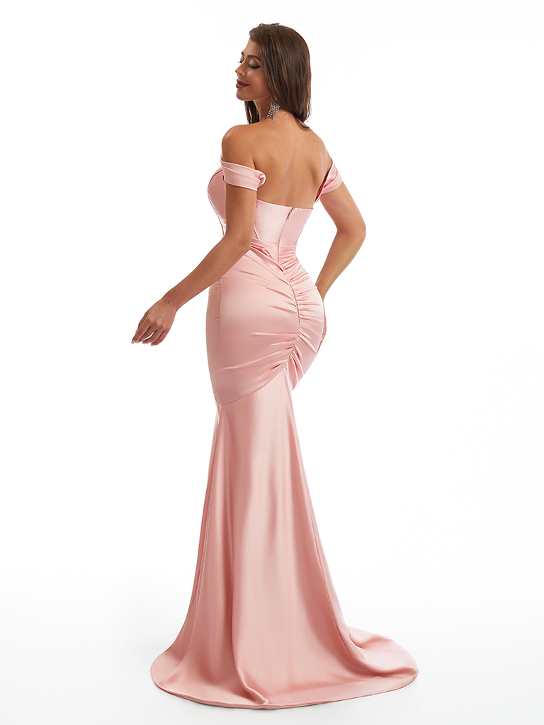 Sexy Off The Shoulder Ruched Mermaid Soft Satin Long Formal Dresses Online