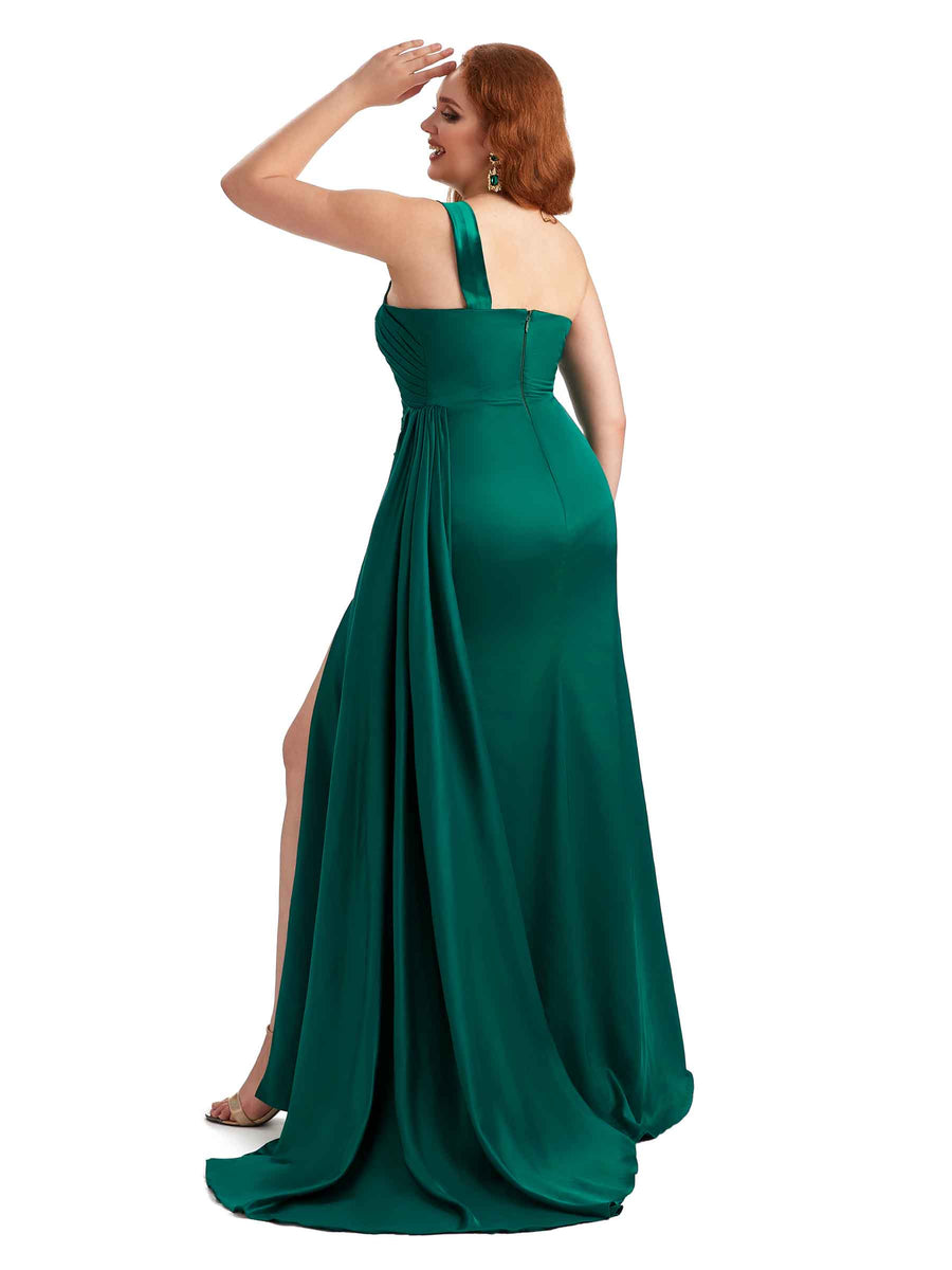 Plus Size One Shoulder Sexy Side Slit Mermaid Soft Satin Long Bridesmaid Gowns