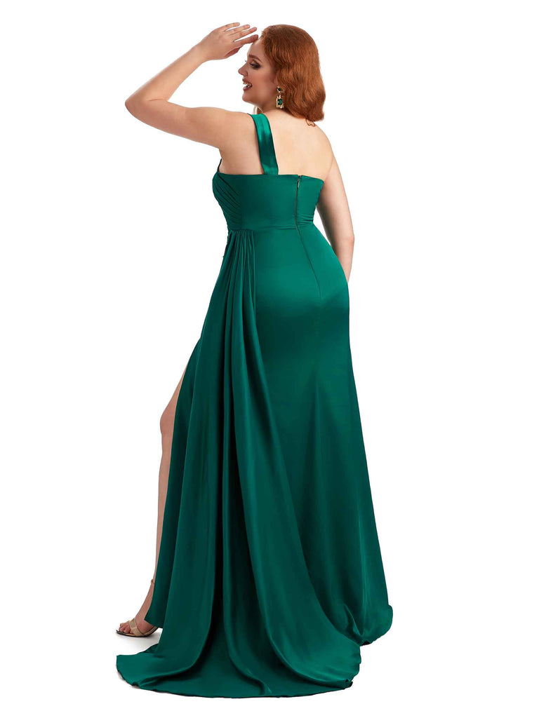 One Shoulder Sexy Side Slit Mermaid Soft Satin Long Plus Size Bridesmaid Gowns