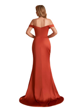 Sexy Soft Satin Off Shoulder Mermaid Side Slit Unique Long Bridesmaid Dresses