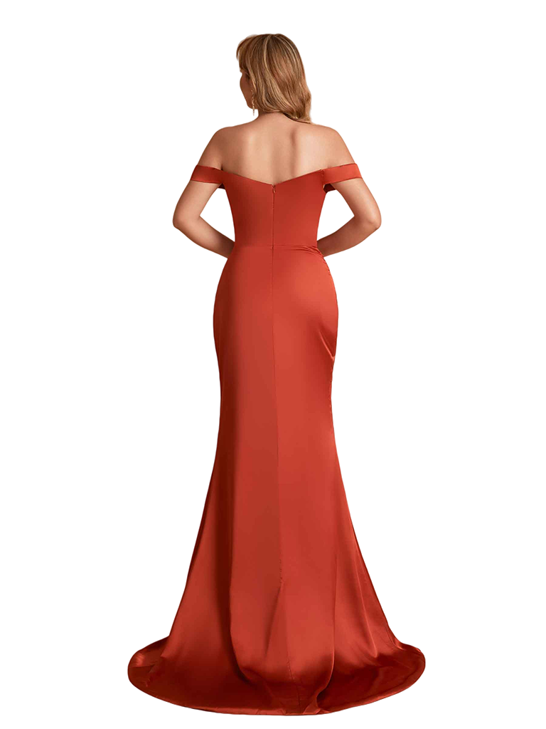 Sexy Soft Satin Off Shoulder Mermaid Side Slit Unique Long Bridesmaid Dresses
