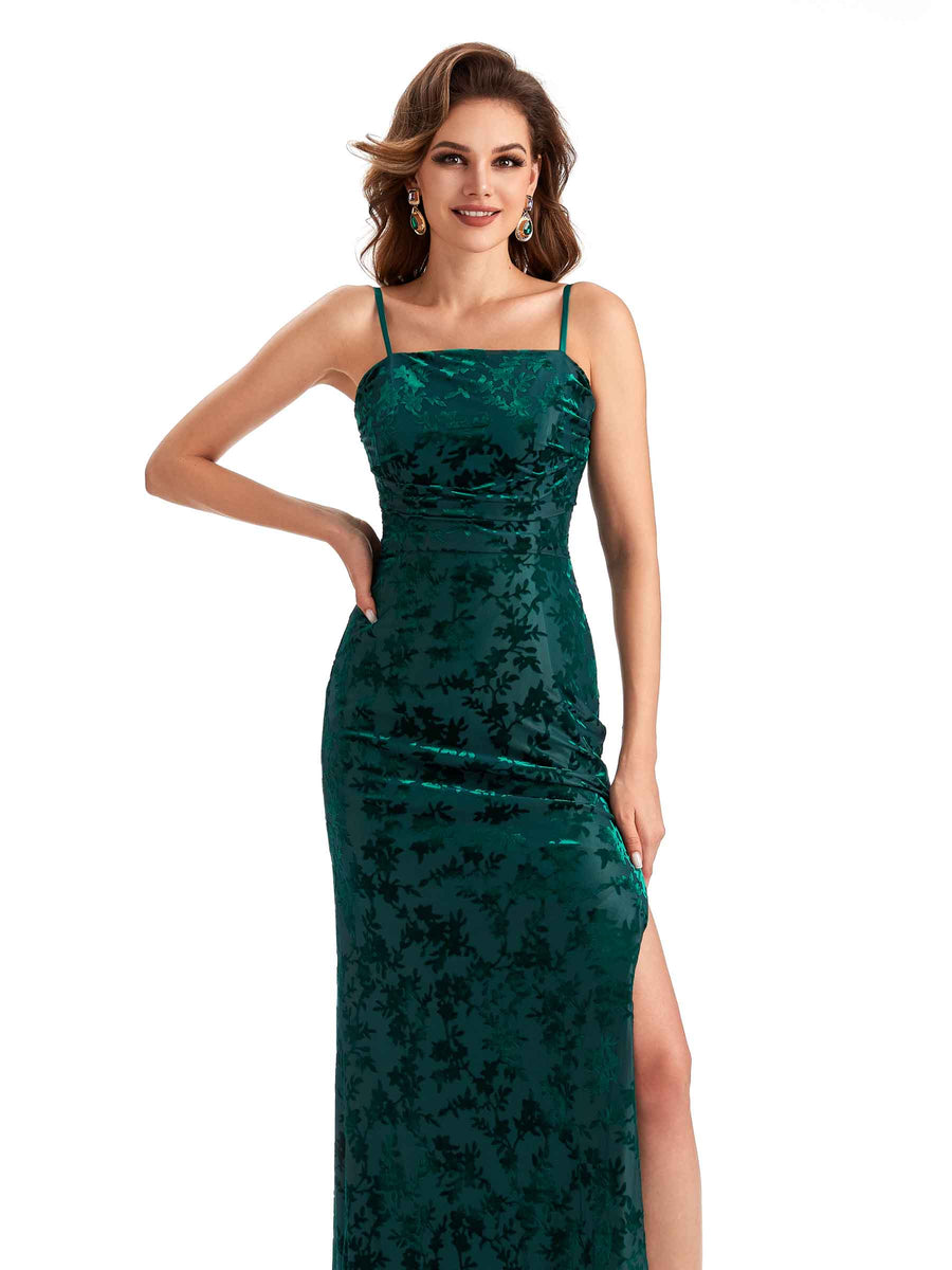 Sexy Side Slit Spaghetti Straps Floral Burnout Velvet Long Formal Wedding Guest Dresses