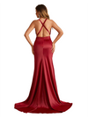 Sexy V-Neck Criss Cross Side Slit Mermaid Soft Satin Pretty Long Bridesmaid Dresses