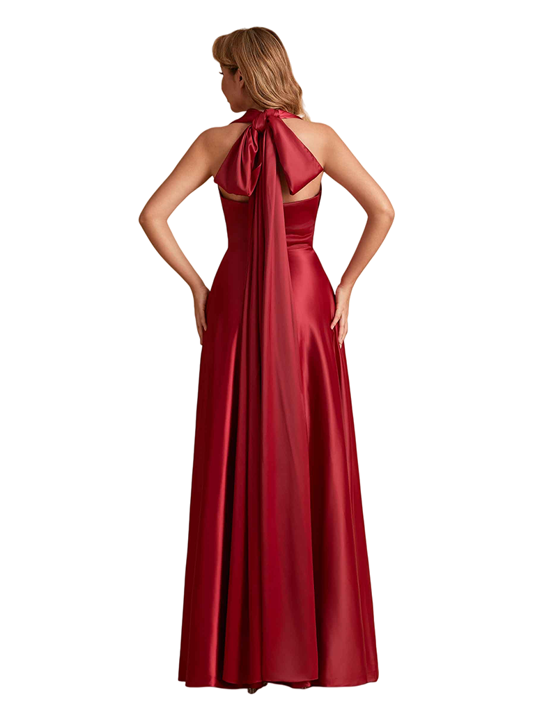 Elegant Soft Satin Convertible A-Line Side Slit Unique Long Bridesmaid Dresses