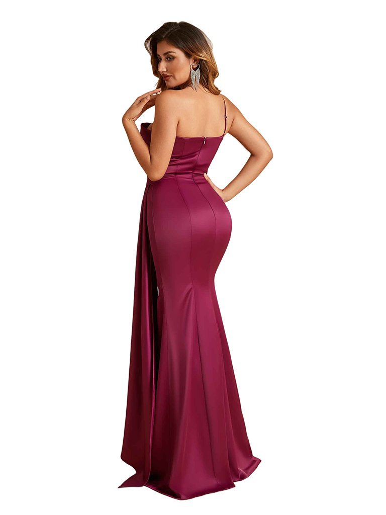 Sexy One Shoulder Mermaid Soft Satin Long Bridesmaid Dresses Side Slit
