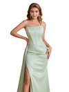 Elegant Spaghetti Straps Boning Soft Satin Mermaid Side Slit Long Bridesmaid Dresses
