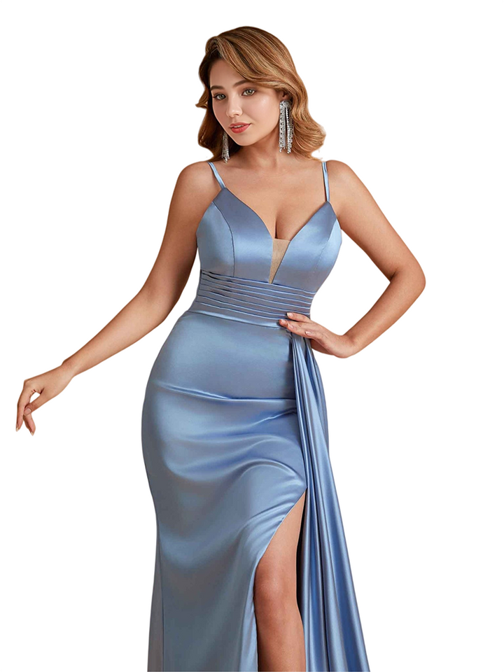 Unique Soft Satin Spaghetti Straps Mermaid Side Slit Long Bridesmaid Dresses Online