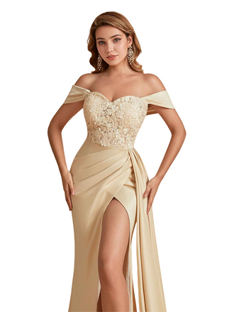 Elegant Silky Satin Off The Shoulder Lace Mermaid Side Slit Long Bridesmaid Dresses Online