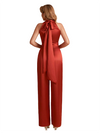 Elegant High Neck Silky Satin Long Women's Pantsuit For Bridesmaids