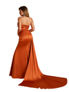 Sexy V-Neck Side Slit Strapless Mermaid Soft Satin Floor-Length Bridesmaid Dresses