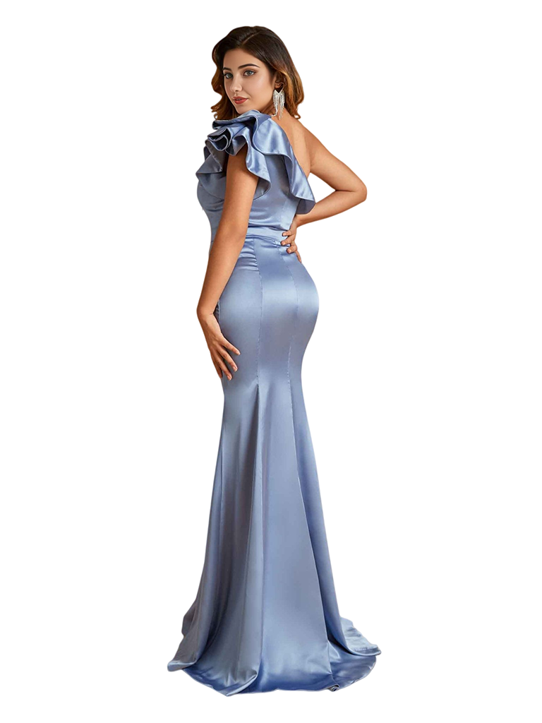 Sexy Ruffle One Shoulder Mermaid Soft Satin Beauty Long Bridesmaid Dresses