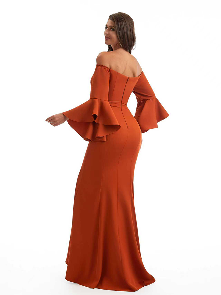 Elegant Bell Sleeves Off The Shoulder Mermaid Stretchy Crepe Long Evening Formal Dress