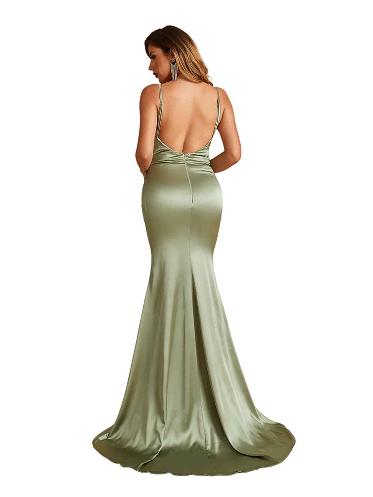 Sexy Cowl Neck Spaghetti Straps Mermaid Soft Satin Open Back Long Bridesmaid Dresses