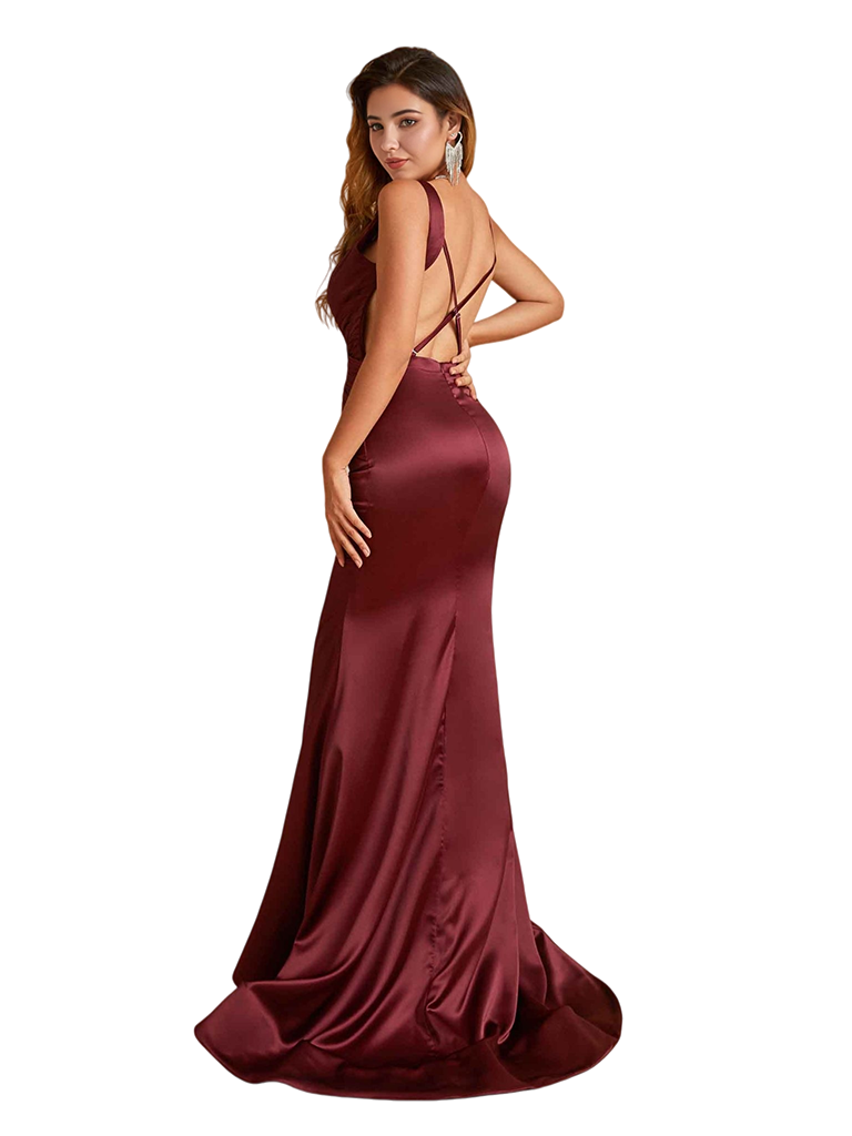 Sexy Spaghetti Straps V-Neck Mermaid Beauty Soft Satin Bridesmaid Dresses