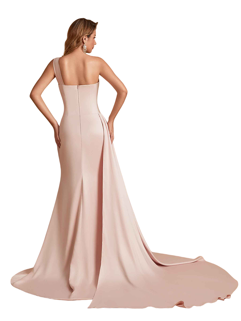 Sexy One Shoulder Soft Satin Mermaid Side Slit Pretty Long Bridesmaid Dresses Online