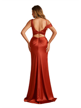 Unique Asymmetric Straps Mermaid Side Slit Soft Satin Ruched Long Bridesmaid Dresses Online