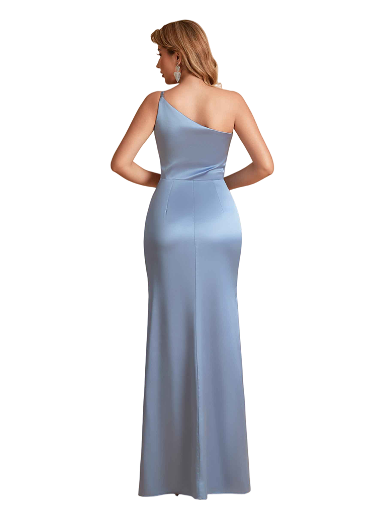 Sexy Silky Satin One Shoulder Mermaid Side Slit Long Bridesmaid Dresses Online