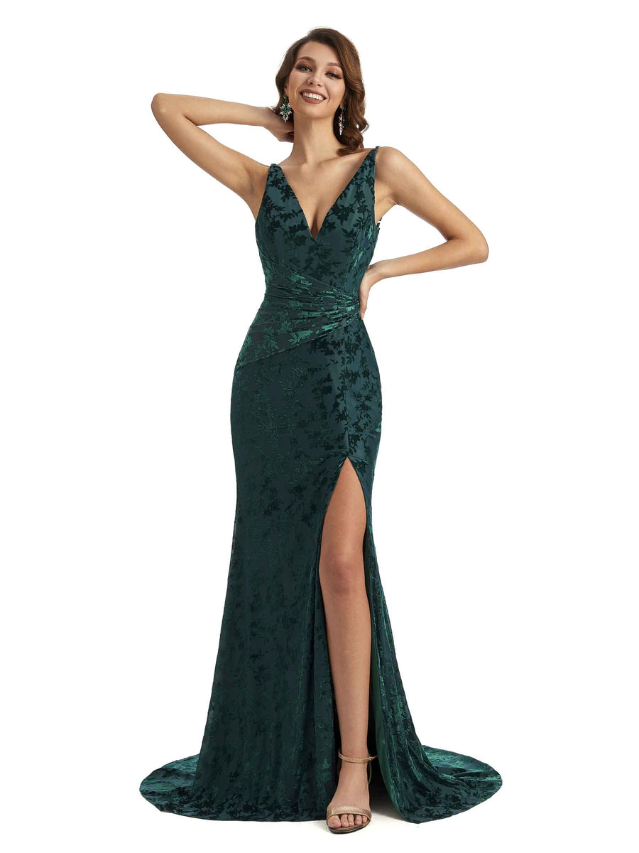 Elegant Side Slit V-neck Mermaid Floral Velvet Long Bridesmaid Dresses Online