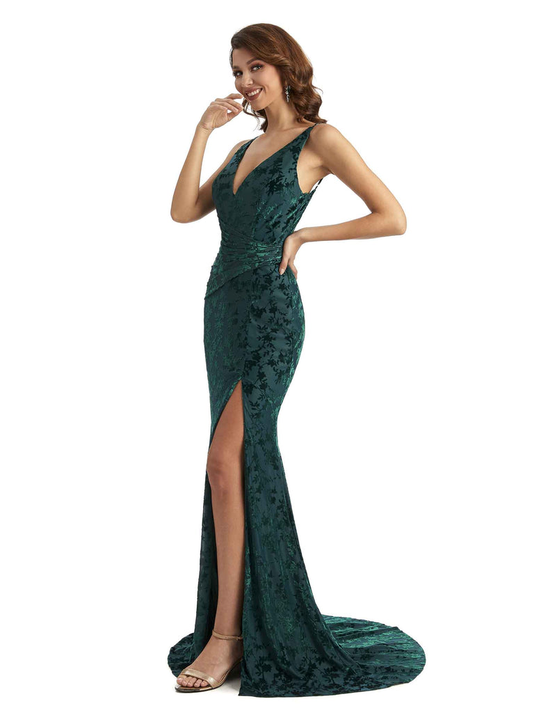 Elegant Side Slit V-neck Mermaid Floral Velvet Long Bridesmaid Dresses Online