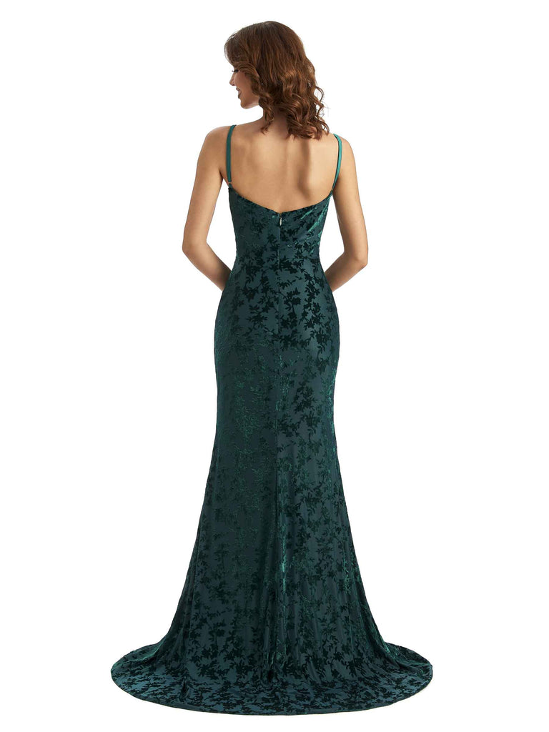 Elegant Side Slit V-neck Mermaid Floral Velvet Long Bridesmaid Dresses Online