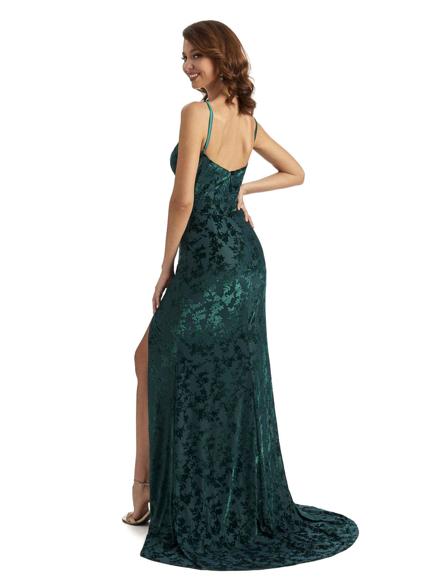 Elegant Side Slit V-neck Mermaid Floral Velvet Long Bridesmaid Dresses Online