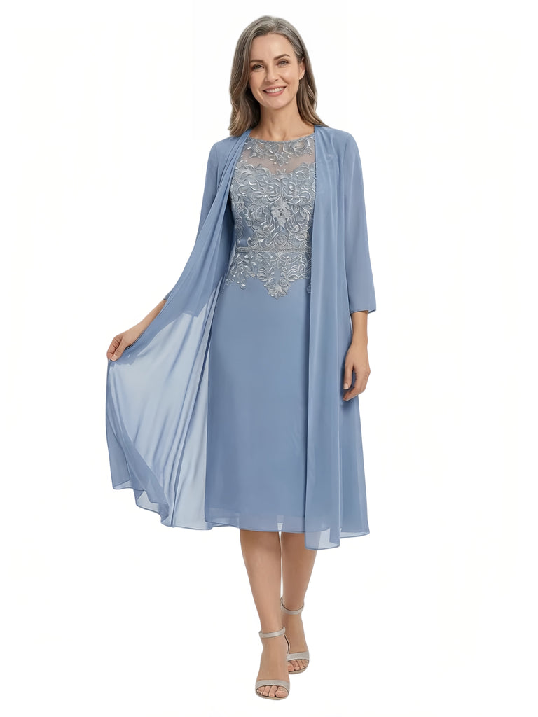 ChicSew Jewel 3/4 Sleeve Chiffon Jacket Lace Applique Beaded Waist Knee Length Chiffon Casual Mother Of The Bride And Groom Dresses