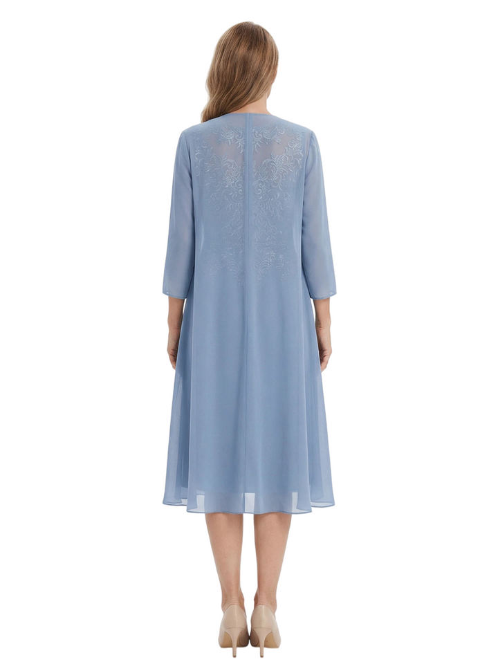 ChicSew Jewel 3/4 Sleeve Chiffon Jacket Lace Applique Beaded Waist Knee Length Chiffon Casual Mother Of The Bride And Groom Dresses