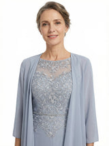 ChicSew Jewel 3/4 Sleeve Chiffon Jacket Lace Applique Beaded Waist Knee Length Chiffon Casual Mother Of The Bride And Groom Dresses