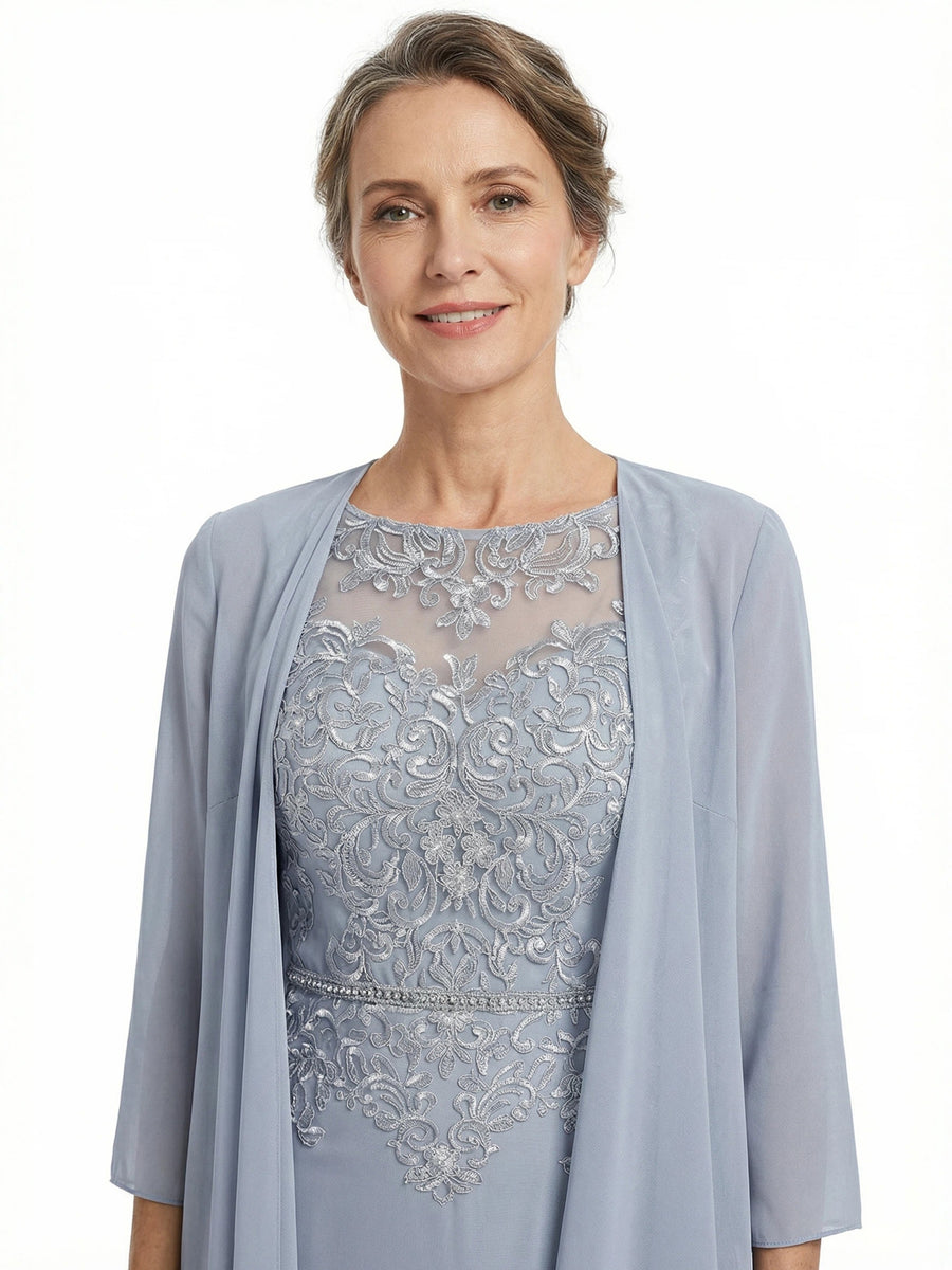 ChicSew Jewel 3/4 Sleeve Chiffon Jacket Lace Applique Beaded Waist Knee Length Chiffon Casual Mother Of The Bride And Groom Dresses