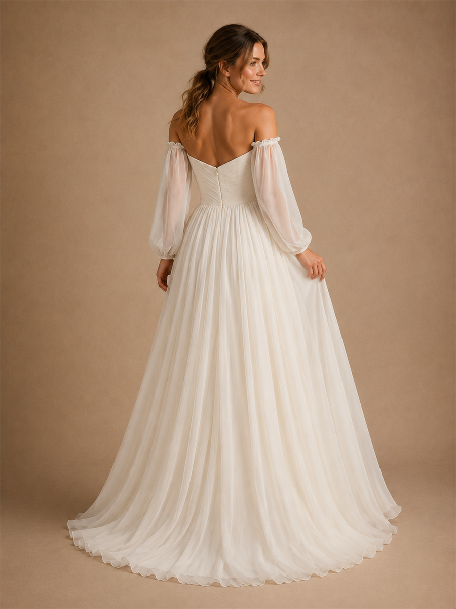 ChicSew Elegant Chiffon Sweetheart Off The Shoulder Tulle Sleeves Maxi Wedding Dresses With Pleats