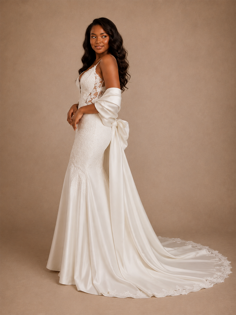 ChicSew Elegant Spaghetti Straps Mermaid Satin Lace Applique Floor-Length Wedding Dress With Oversized Bow Knot