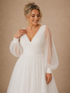 ChicSew Elegant V-Neck Long Sleeves A-Line Tulle Floor-Length Wedding Dresses