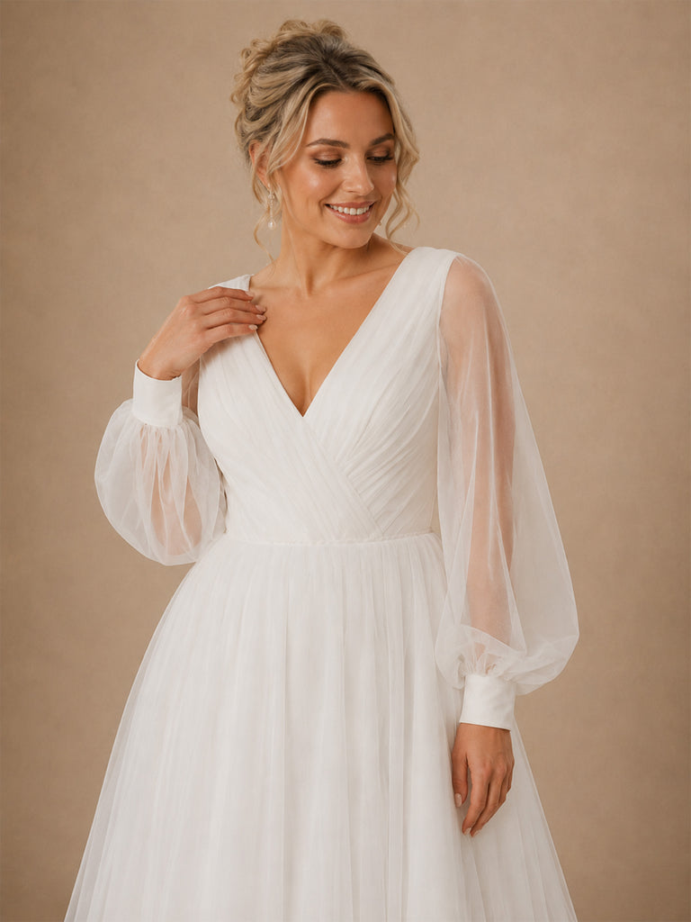 ChicSew Elegant V-Neck Long Sleeves A-Line Tulle Floor-Length Wedding Dresses
