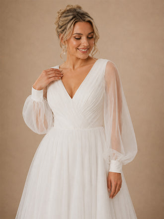 ChicSew Elegant V-Neck Long Sleeves A-Line Tulle Floor-Length Wedding Dresses