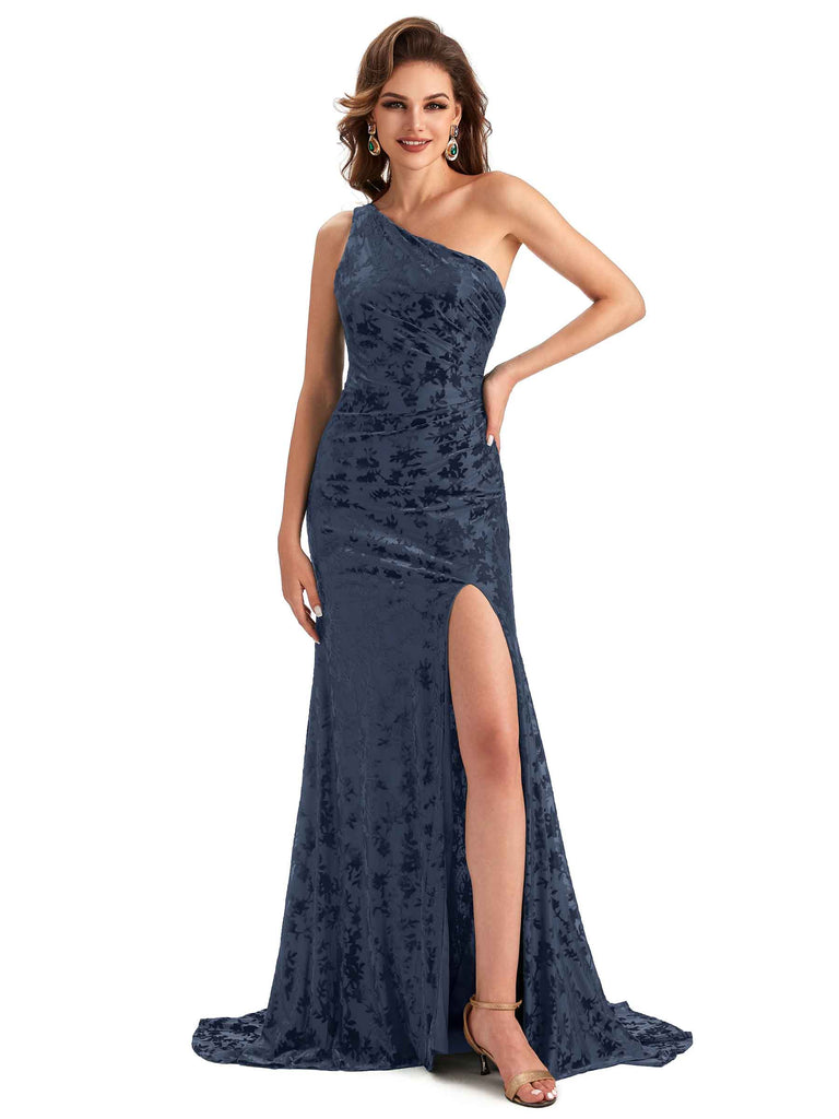Sexy Side Slit One-Shoulder Mermaid Lace Velvet Long Bridesmaid Dresses ...