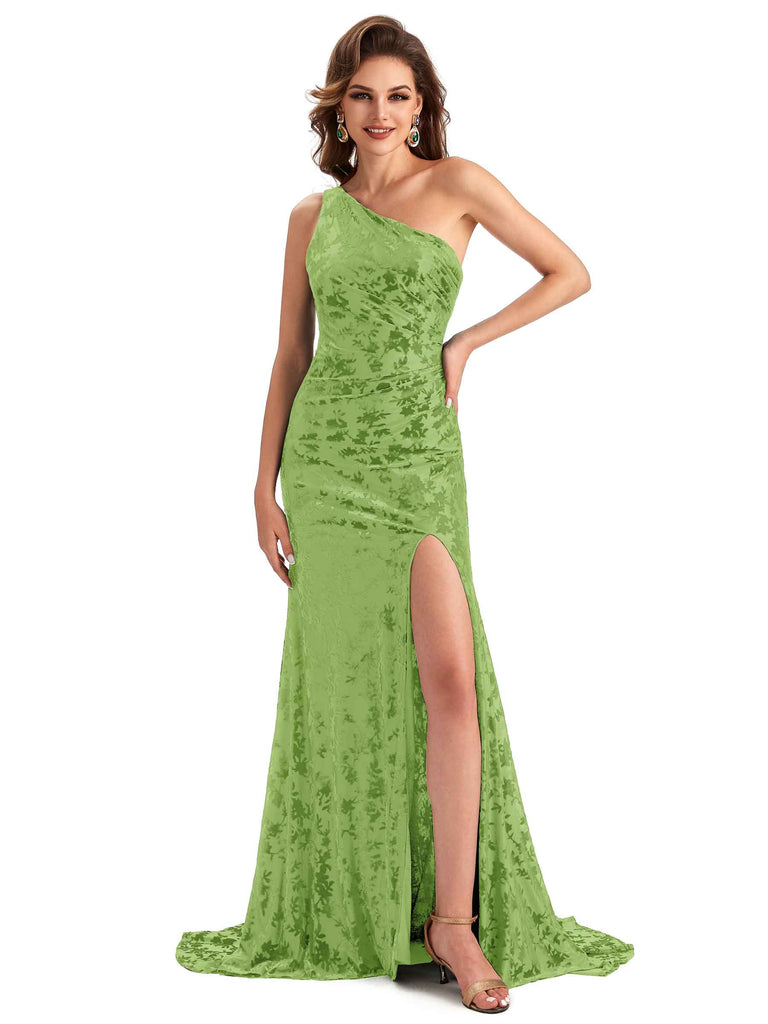 Sexy Side Slit One-Shoulder Mermaid Lace Velvet Long Bridesmaid Dresses ...