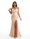Sexy Spaghetti Straps Mermaid Stretch Jersey Ruched Long Formal Evening Dresses For Women