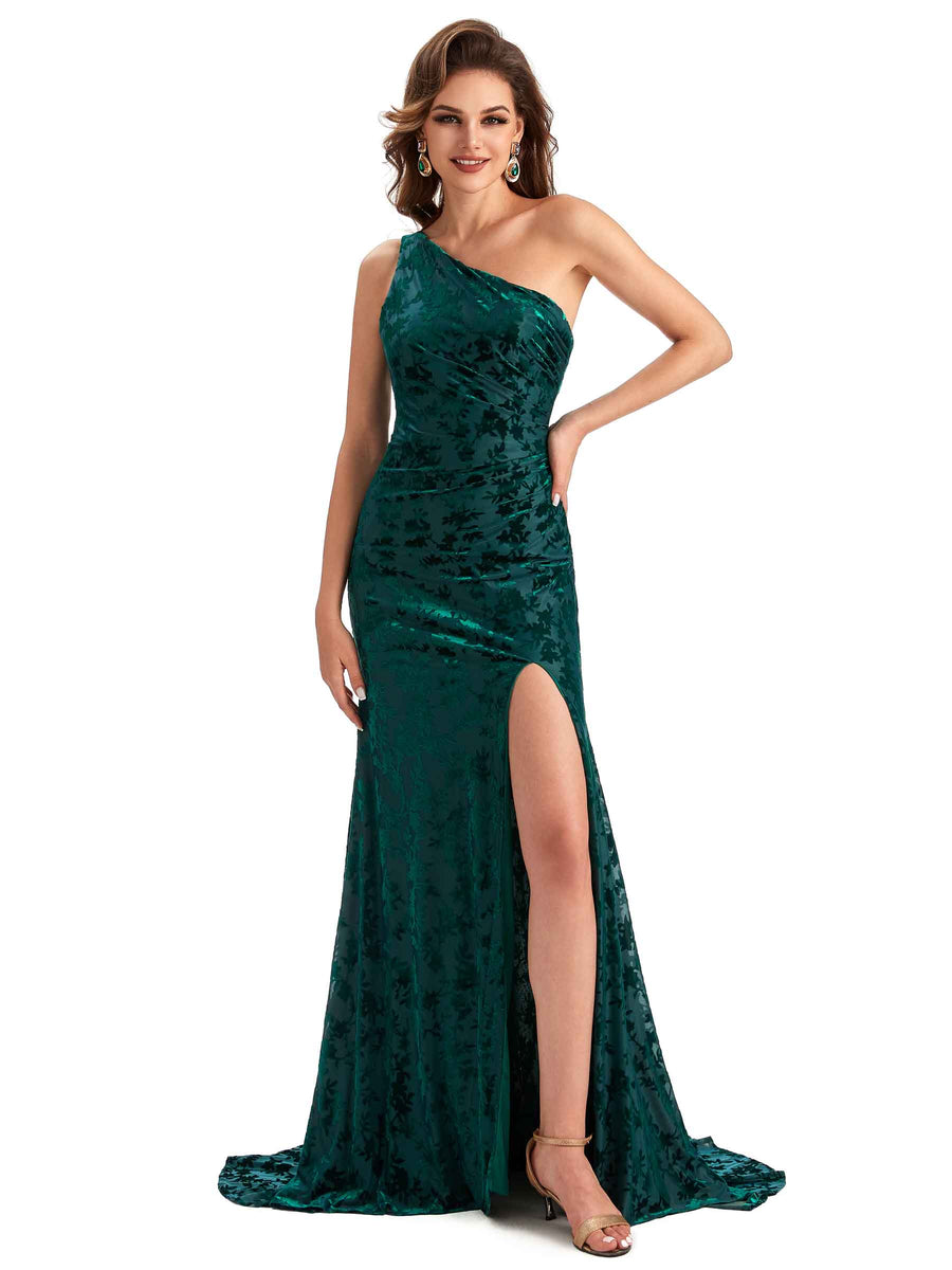 Sexy Side Slit One Shoulder Mermaid Floral Velvet Long Modern Bridesmaid Dresses