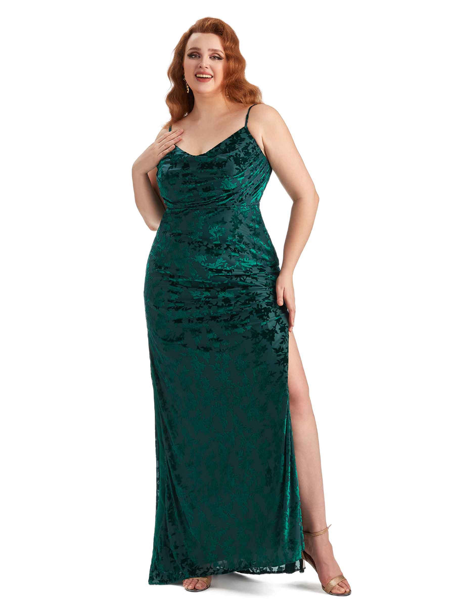 Plus Size Sexy Side Slit Spaghetti Straps Mermaid Floral Velvet Long Bridesmaid Dresses