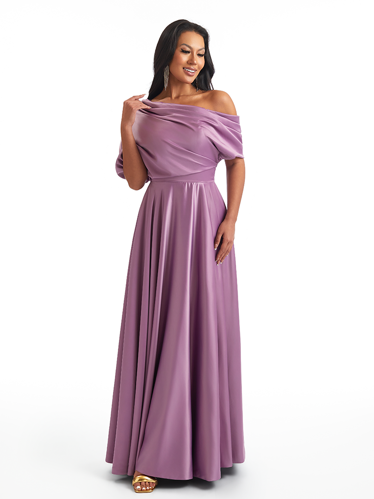 Elegant Asymmetric Straps Soft Satin A-Line Unique Long Mother Of The Bride Dresses Online