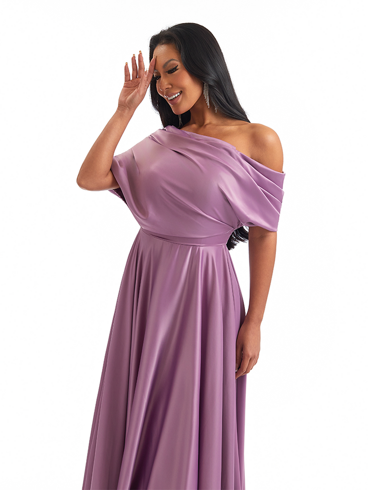 Elegant Asymmetric Straps Soft Satin A-Line Unique Long Mother Of The Bride Dresses Online