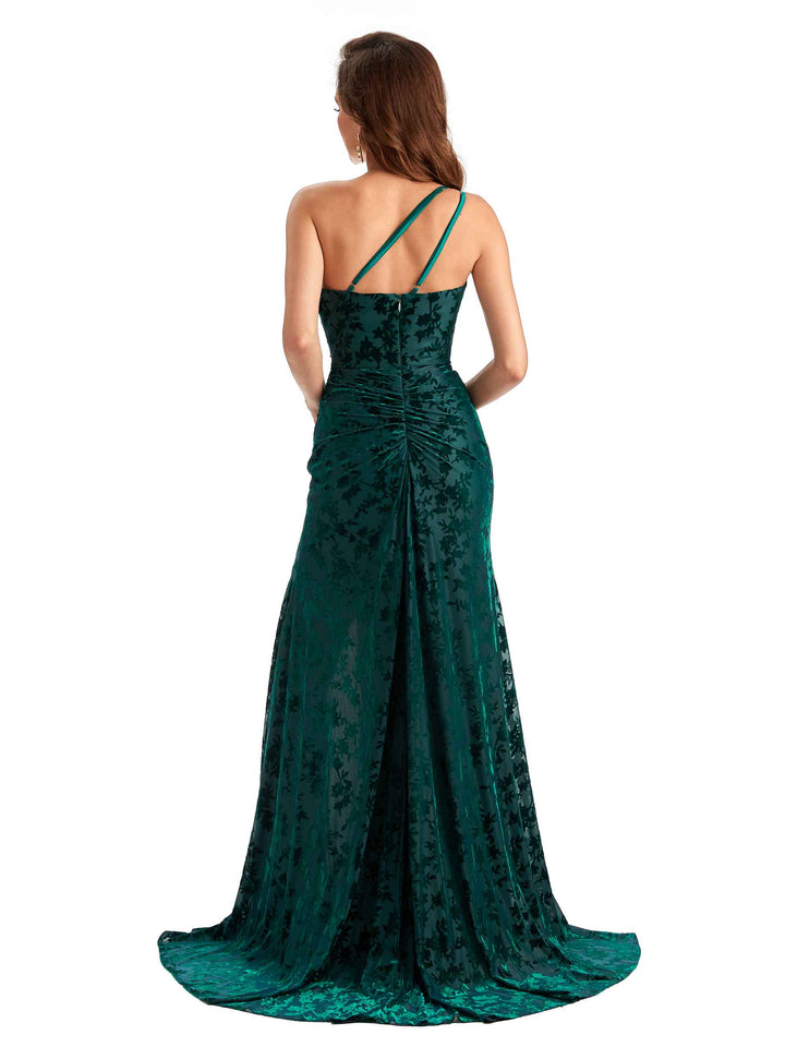 Sexy Side Slit One Shoulder Mermaid Floral Velvet Long Modern Bridesmaid Dresses