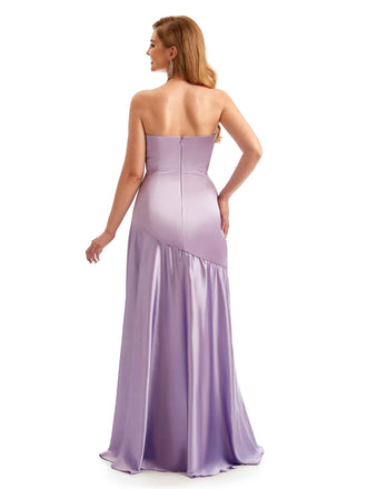 Simple Silky Satin Side Split Sweetheart Long Mermaid Wedding Guest Dresses