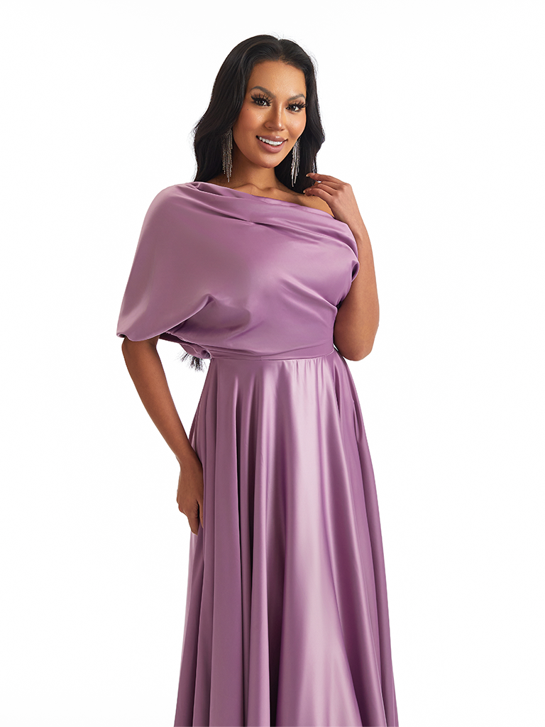 Elegant Asymmetric Straps Soft Satin A-Line Unique Long Mother Of The Bride Dresses Online