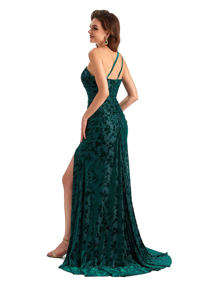 Sexy Side Slit One Shoulder Mermaid Floral Velvet Long Modern Bridesmaid Dresses