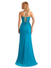 Mermaid Spaghetti Straps Side Slit Lace Stretchy Jersey Long Formal Bridesmaid Dresses